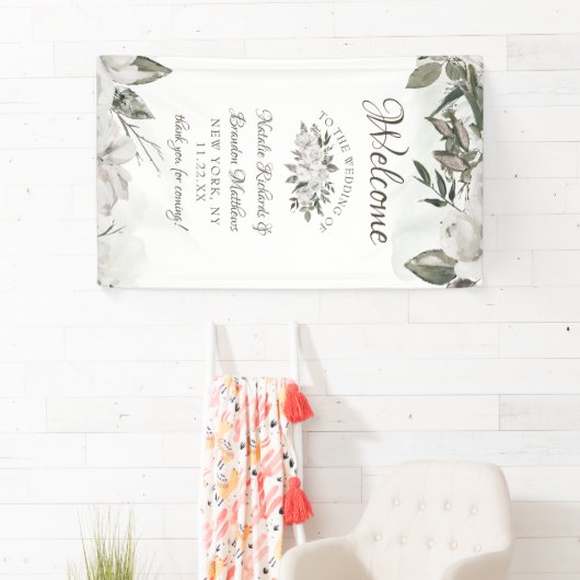 ヴィンテージチェリッシュホワイトフローラ結婚バラへようこそ 横断幕 (インサイチュ)