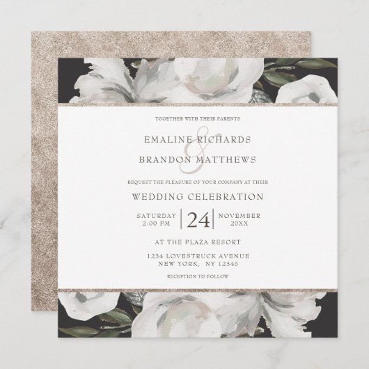 ヴィンテージチェリッシュホワイトフローラ&バラ結婚ズスクエア 招待状 (正面/裏面)