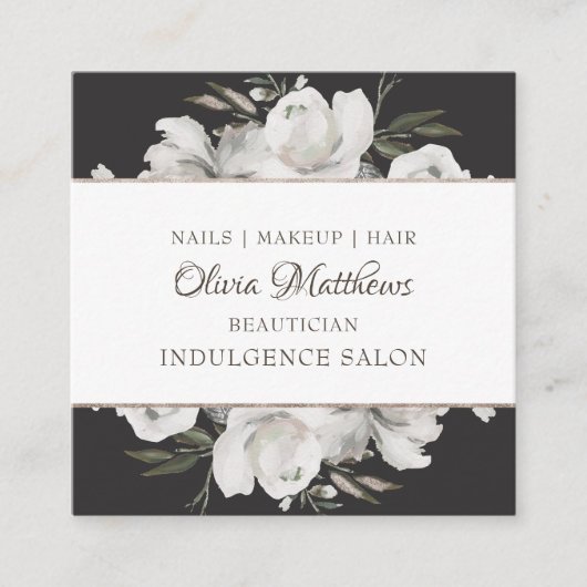 ヴィンテージチェリッシュホワイトフローラ&バラ金ゴールド枠 スクエア名刺 (正面)