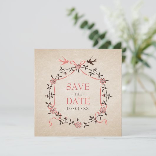 ヴィンテージチェリー・ブロッサム・スワロー・セーブ・ザ・デートカード セーブザデート (スタンド正面)