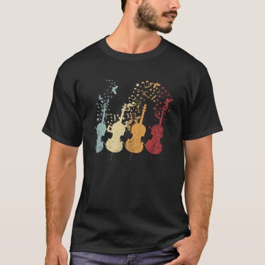 ヴィンテージチェロ文字列楽器音符セル Tシャツ (正面)