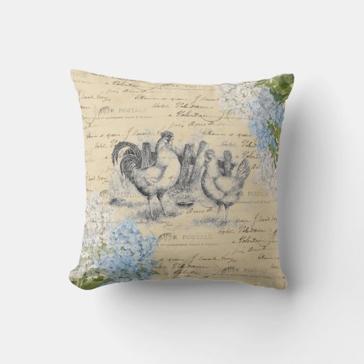 ヴィンテージチキンブルーフラワーポストカード装飾用クッション クッション (正面)