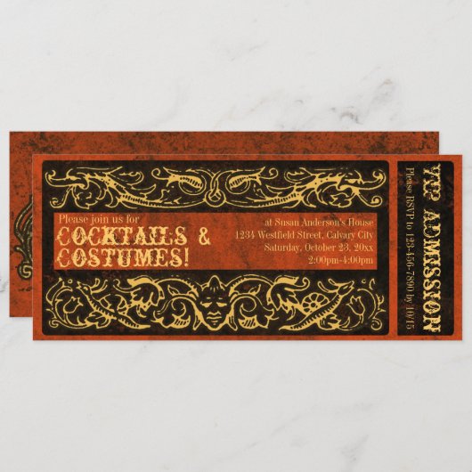 ヴィンテージチケットカクテルとコスチュームパーティー 招待状 (正面/裏面)