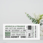 ヴィンテージチケットグリーン日付の保存招待状 セーブザデート (スタンド正面)