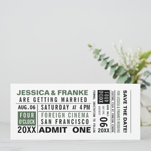 ヴィンテージチケットグリーン日付の保存招待状 セーブザデート (スタンド正面)