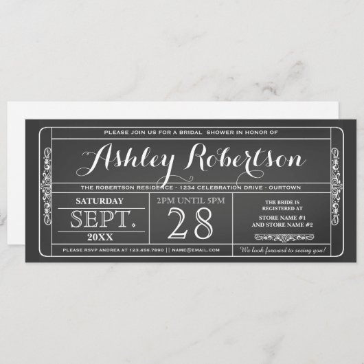 ヴィンテージチケットスタイルブライダルシャワー招待状 招待状 (正面/裏面)