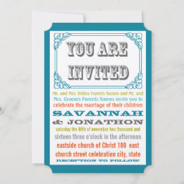 ヴィンテージチケットタイポグラフィティール（緑がかった色）イエローオレンジサンゴ 招待状