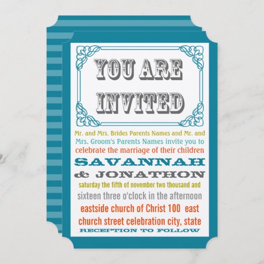 ヴィンテージチケットタイポグラフィティール（緑がかった色）イエローオレンジサンゴ 招待状 (正面/裏面)