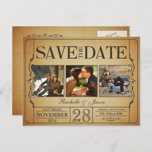 ヴィンテージチケット日付の保存 – 3つの画像 案内ポストカード (正面/裏面)