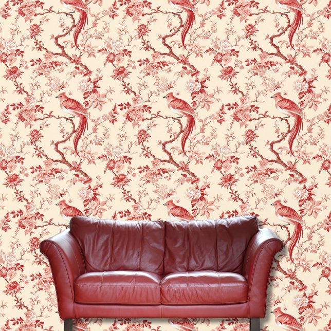 ヴィンテージチノイスリーアジアンバードレッドピンクフローラ 壁紙 (クリエイターアップロード済み)