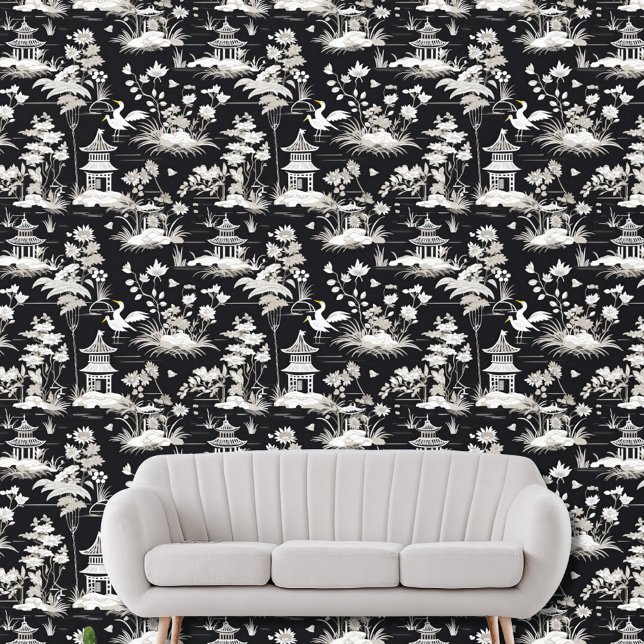 ヴィンテージチノイスリーアジアンパゴダバード白黒 壁紙 (クリエイターアップロード済み)