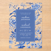 ヴィンテージチノイスリーアジアンピーコック結婚フローラ アクリル招待状 (正面)