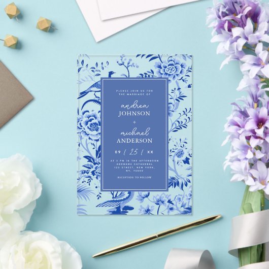 ヴィンテージチノイスリーアジアンピーコック結婚フローラ アクリル招待状 (インサイチュ (ウェディング))