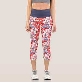 ヴィンテージチノイスリーフランスのデルフトレッドブルー カプリレギンス