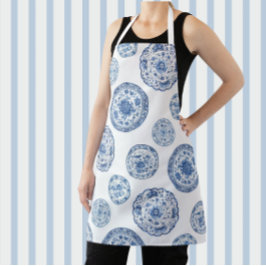 ヴィンテージチノイスリーブルーホワイトアンティークプレート エプロン
