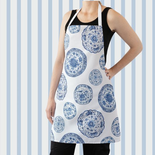 ヴィンテージチノイスリーブルーホワイトアンティークプレート エプロン