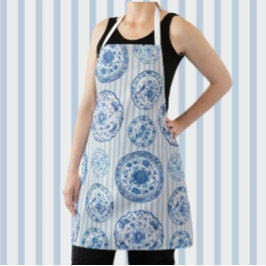 ヴィンテージチノイスリーブルーホワイトアンティークプレート エプロン