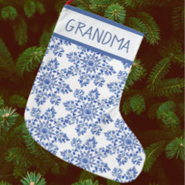 ヴィンテージチノイスリーブルーホワイトスノーフレーク ラージクリスマスストッキング