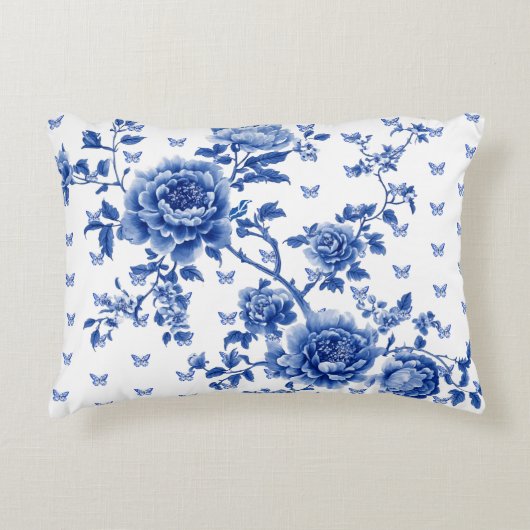 ヴィンテージチノイスリーブルーホワイト蝶バラ アクセントクッション (正面)