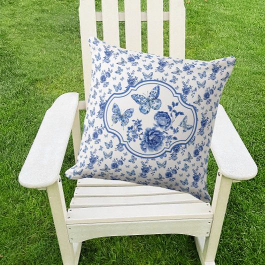 ヴィンテージチノイスリーブルー蝶の花 クッション