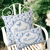 ヴィンテージチノイスリーブルー蝶の花 クッション