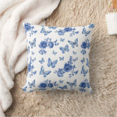 ヴィンテージチノイスリーブルー蝶の花 クッション (ブランケット)