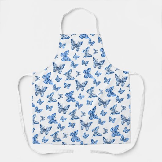 ヴィンテージチノワセリーブルーホワイト蝶 エプロン (正面)