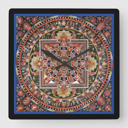 ヴィンテージチベットタントラ仏教マンダラウォールデコ スクエア壁時計 (正面)