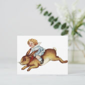 ヴィンテージチャイルドライディングバニーウサギ ポストカード (スタンド正面)