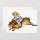ヴィンテージチャイルドライディングバニーウサギ ポストカード (正面/裏面)