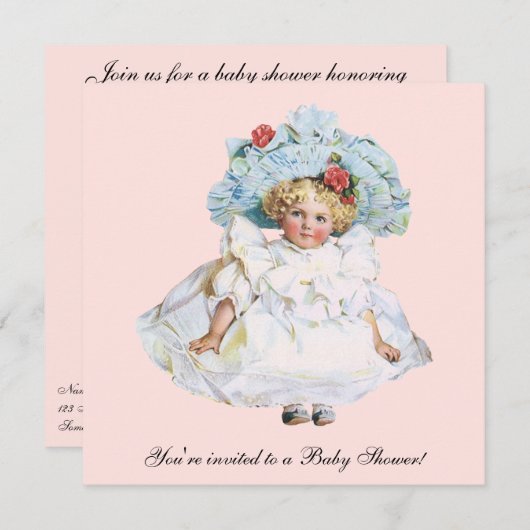 ヴィンテージチャイルドールガールベビーシャワーパーティー 招待状 (正面/裏面)
