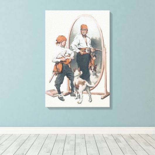 ヴィンテージチャイルド、ボーイ・パイレーツ、犬、鏡、海賊 キャンバスプリント (インサイチュ (ウッドフロア))