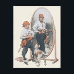 ヴィンテージチャイルド、ボーイ・パイレーツ、犬、鏡、海賊 ポストカード<br><div class="desc">ヴィンテージイラストレーションの子供たちは、鏡で自分を称賛する海賊の格好をした少年をフィーチャーしたイメージを持っている。その反省は、自分自身が年老いた、頑丈でボロボロの、泥沼に囲まれた海賊として映し出されている。彼は鉄砲を持って刀を帯びている。正直な愛犬が彼の傍にいる。Cover、1921年5月21日、Collier's Weekly、William Meade Prince著。</div>