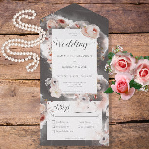 ヴィンテージチャコールブラック&ピンクフローラディナー オールインワン招待状