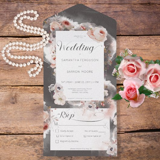 ヴィンテージチャコールブラック&ピンクフローラディナー オールインワン招待状