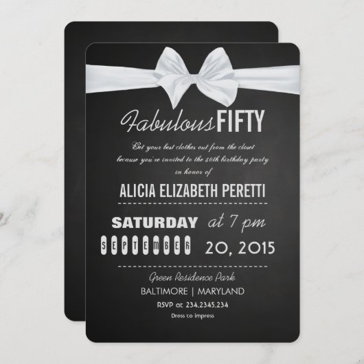 ヴィンテージチャルクボードボウファビュラス50誕生日 招待状 (正面/裏面)