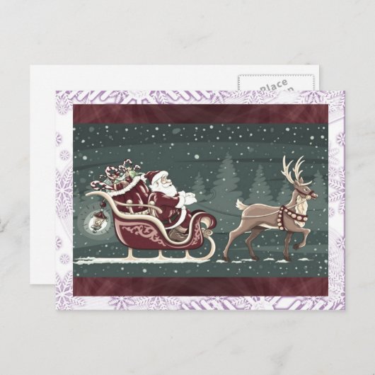 ヴィンテージチャーストマスサンタクロースそりの装飾 シーズンポストカード (正面/裏面)