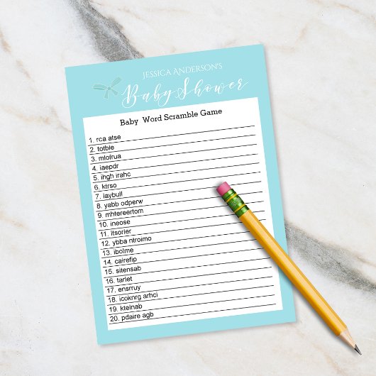 ヴィンテージチャームブルーベビーシャワーワードスクランブルゲーム 招待状