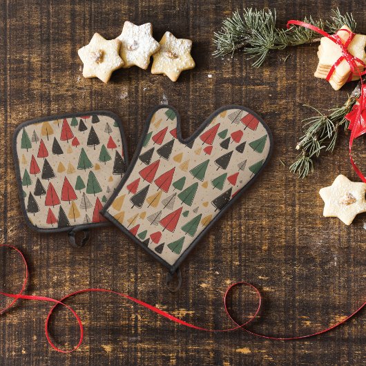 ヴィンテージチャーム：クリスマスツリーパターン 鍋つかみ&鍋敷きセット