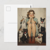 ヴィンテージチャーム=犬に囲まれた若い女性 ポストカード (正面/裏面)