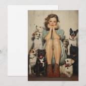 ヴィンテージチャーム=犬に囲まれた若い女性 招待状 (正面/裏面)
