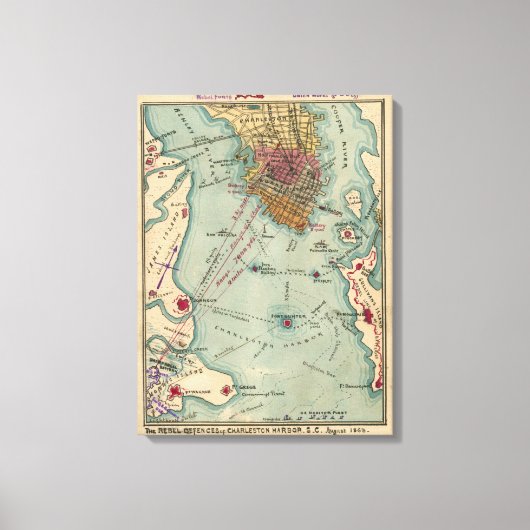 ヴィンテージチャールストンSC南北戦争マップ(1865) キャンバスプリント (正面)