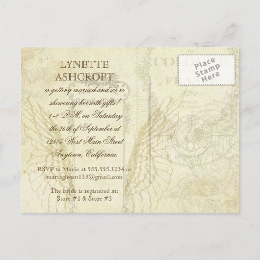 ヴィンテージチューリップエンジェルウィングスワールティーステンドレッド インビテーションポストカード (裏面)