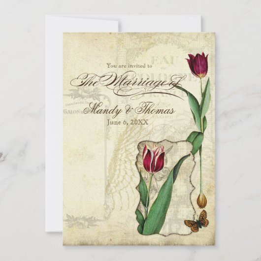 ヴィンテージチューリップエンジェルウィングスワールティーステンドレッド 招待状 (正面)