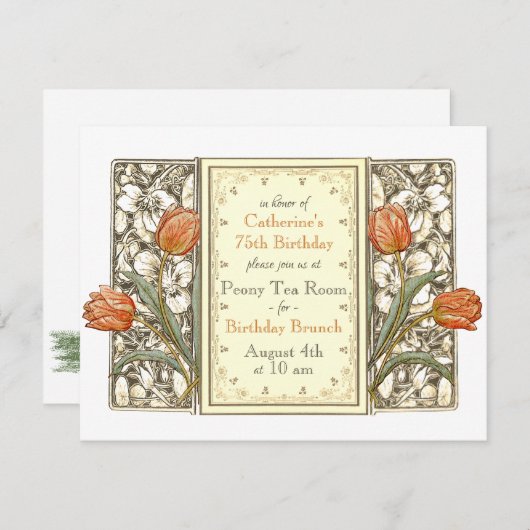 ヴィンテージチューリップフローラエレガントな誕生日パーティインビタ 招待状 (正面/裏面)