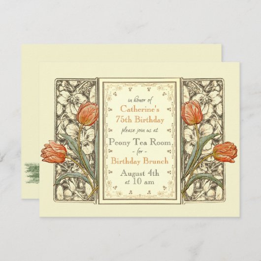 ヴィンテージチューリップフローラエレガントバースデーパーティー 招待状 (正面/裏面)