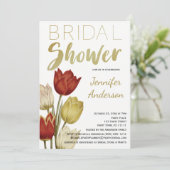 ヴィンテージチューリップレッドホワイト金ゴールドブライダルシャワー 招待状 (スタンド正面)