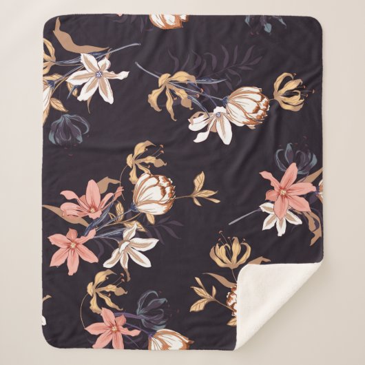 ヴィンテージチューリップ、濃い紫の背景 シェルパブランケット (正面)