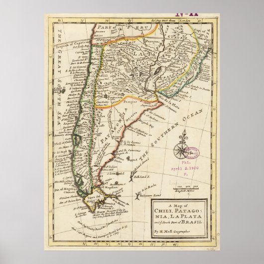 ヴィンテージチリとアルゼンチンの地図（1732年） ポスター (正面)