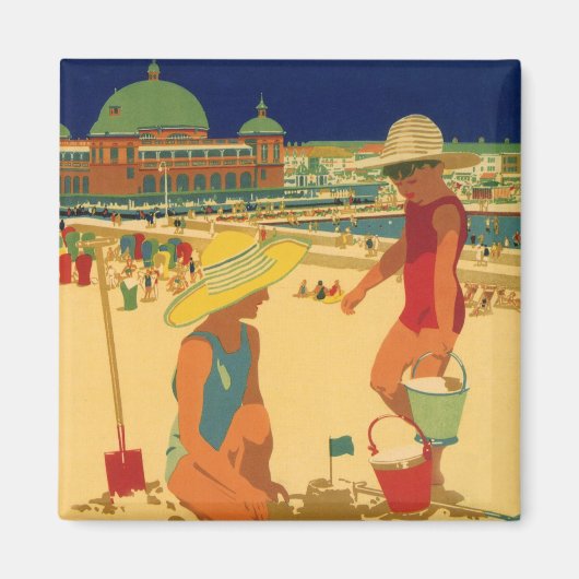 ヴィンテージチルドレンズシスターズファミリーバケーションアットビーチ マグネット (正面)